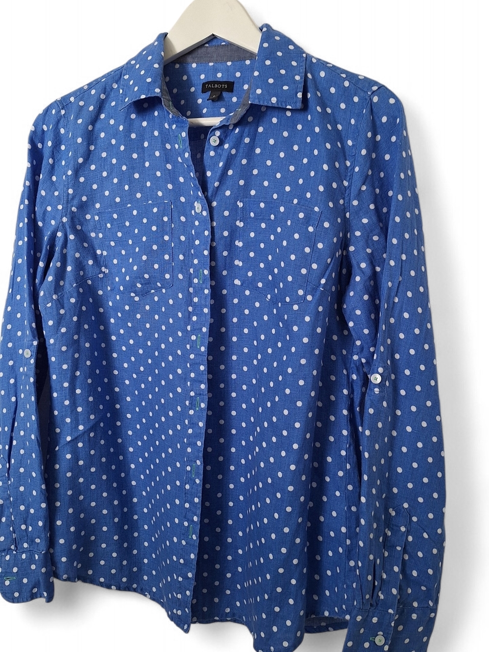 Talbots Blue Polka Dot Button-Up Shirt Linen